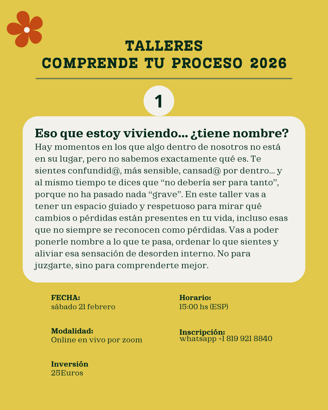 Taller "Eso que estoy viviendo... ¿tiene nombre? Primer taller del cliclo "Comprende tu proceso 2026" por Marly Saravia